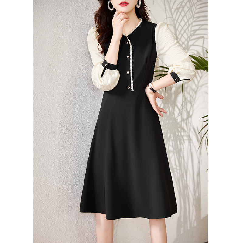 Splice long black Pseudo-two dress for women