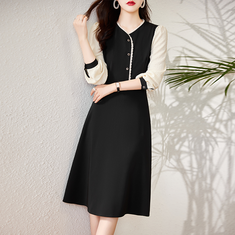 Splice long black Pseudo-two dress for women