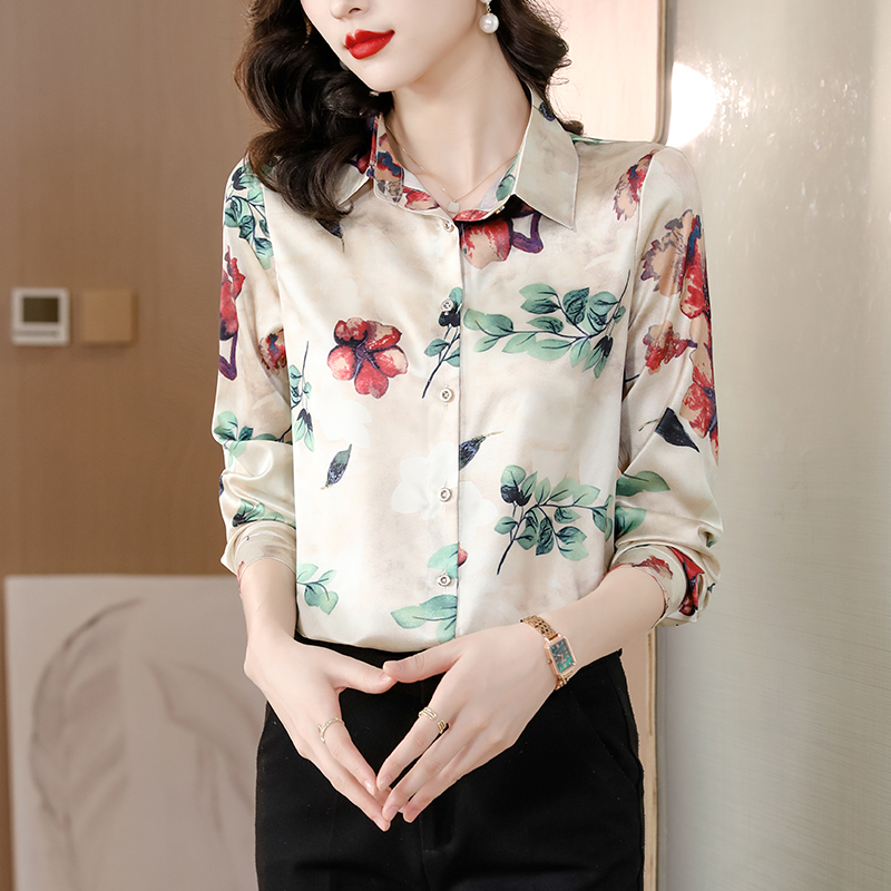 Fashion spring and autumn silk lapel shirt for women