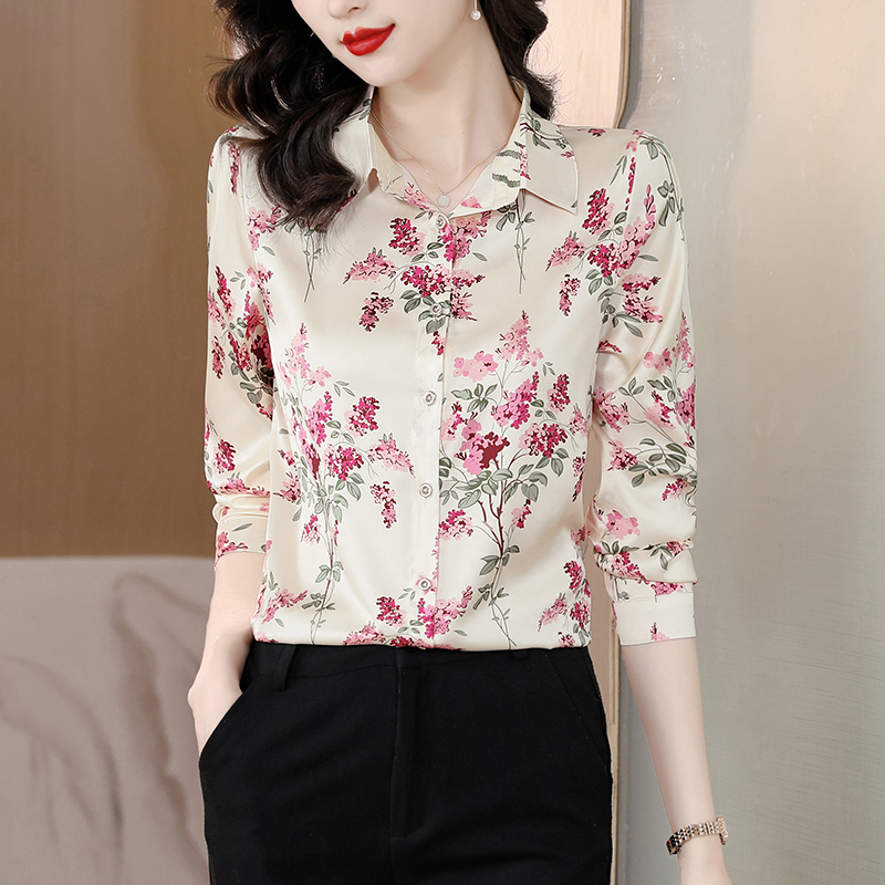 Spring and autumn lapel temperament real silk fashion shirt