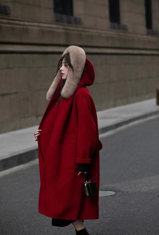Two-sided cashmere hooded fox fur overcoat