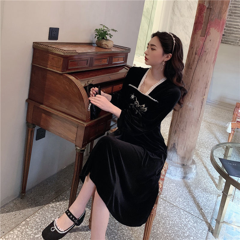 Slim bottoming formal dress velvet France style dress