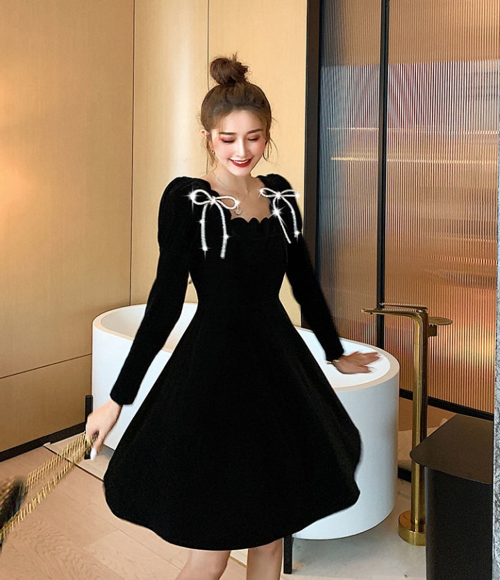 Black France style slim bow temperament dress for women