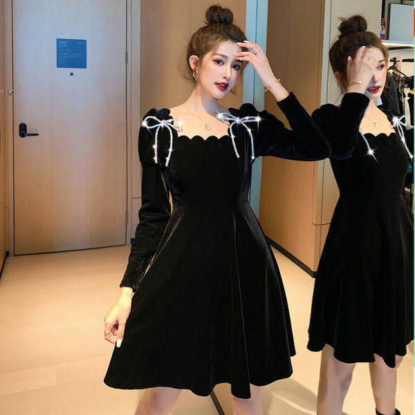 Black France style slim bow temperament dress for women