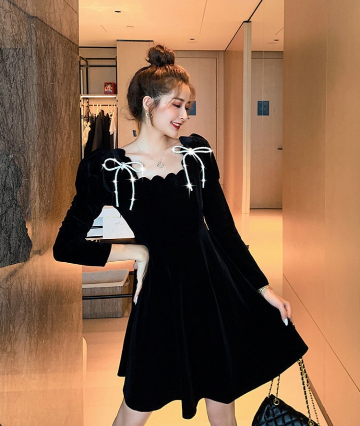 Black France style slim bow temperament dress for women