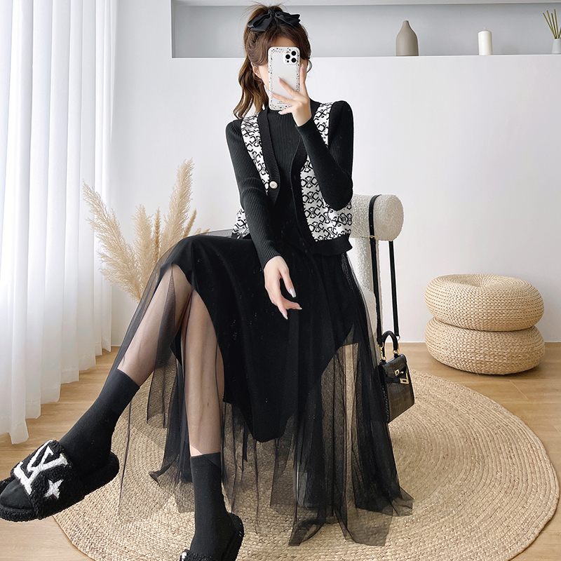 Black waistcoat knitted dress 2pcs set for women