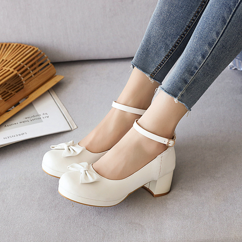 Retro thick bow high-heeled middle-heel shoes for women