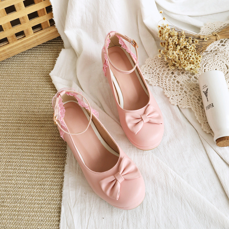 Thick Korean style shoes bow large yard high-heeled shoes