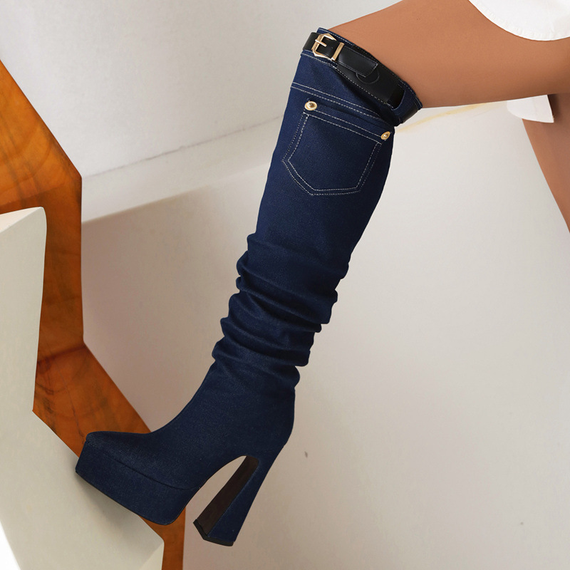 High-heeled denim thigh boots European style shoes