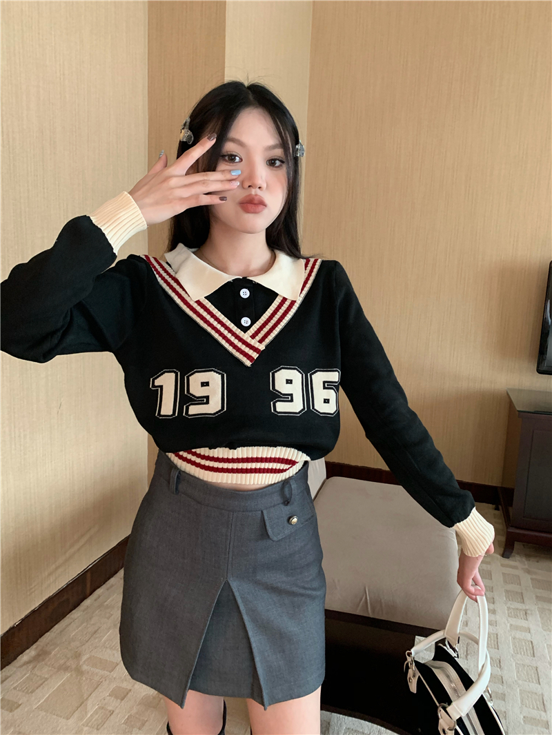 College lazy retro sweater short long sleeve tops