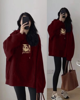 Wine-red autumn and winter tops plus velvet hoodie for women