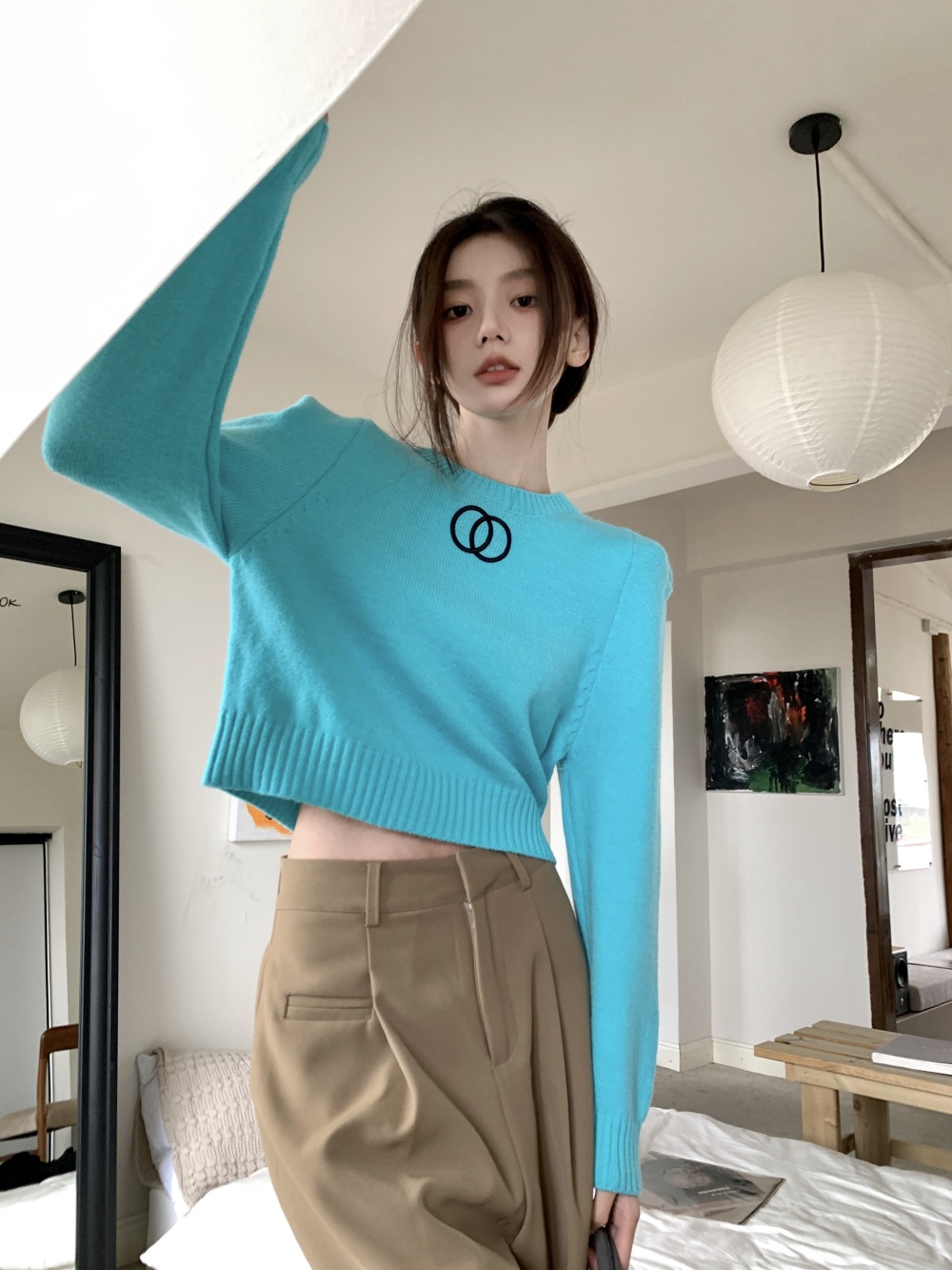 Blue pullover tops fashion and elegant sweater for women