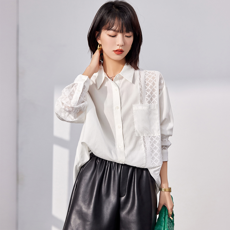 Spring lace hollow tops long sleeve splice shirt
