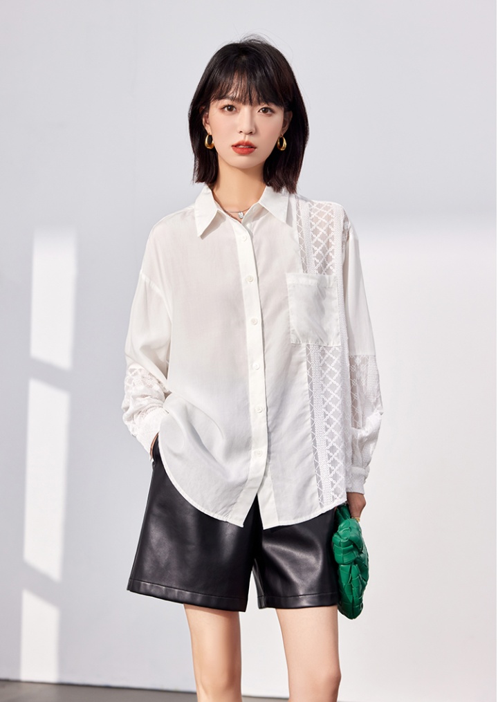 Spring lace hollow tops long sleeve splice shirt