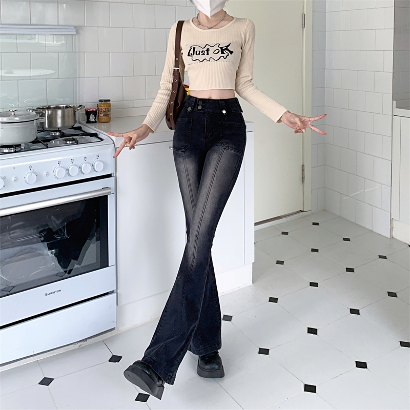 Black micro speaker jeans high waist long pants for women