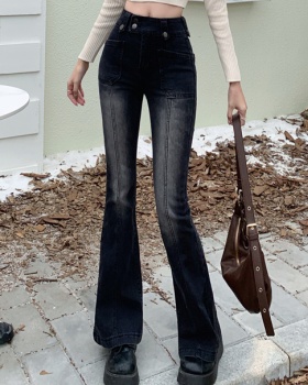 Black micro speaker jeans high waist long pants for women