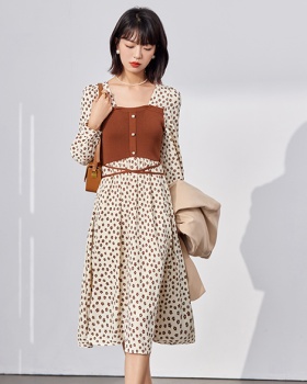 Pinched waist spring long dress Pseudo-two dress for women