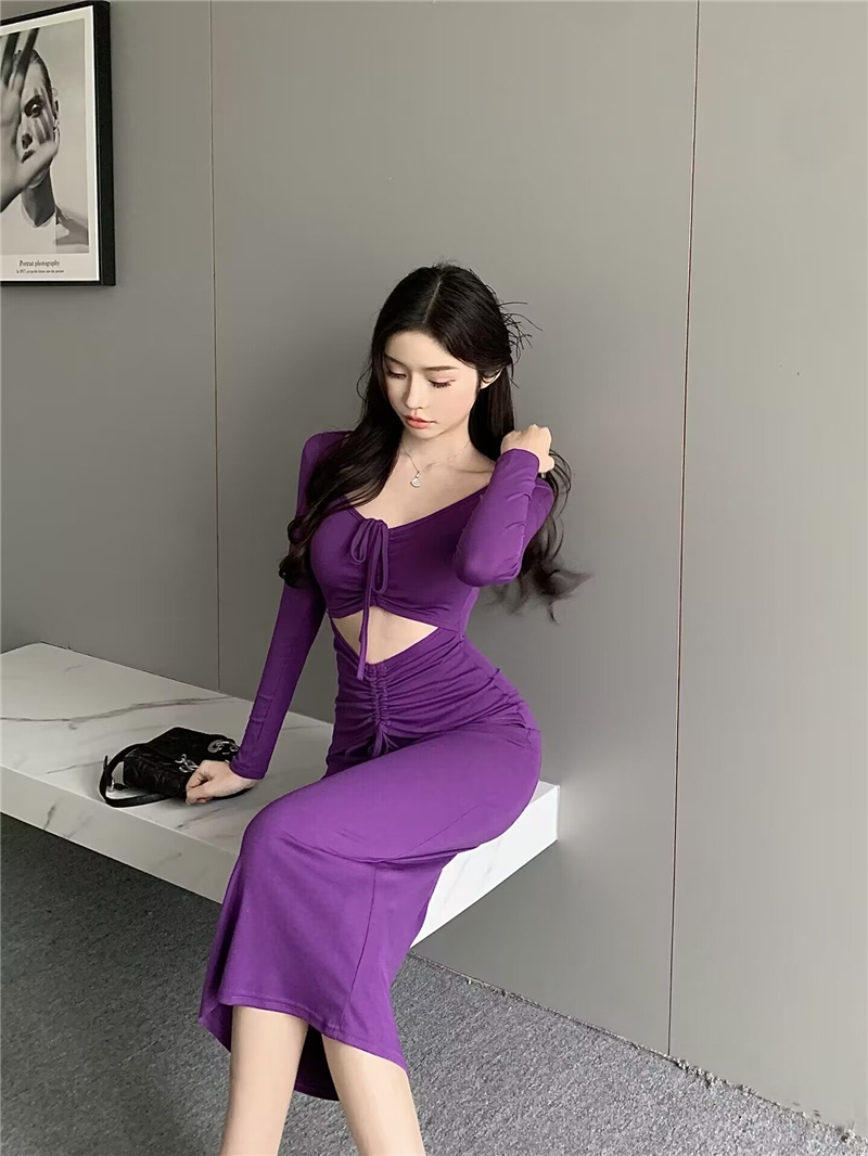 Purple temperament hollow pinched waist V-neck long dress