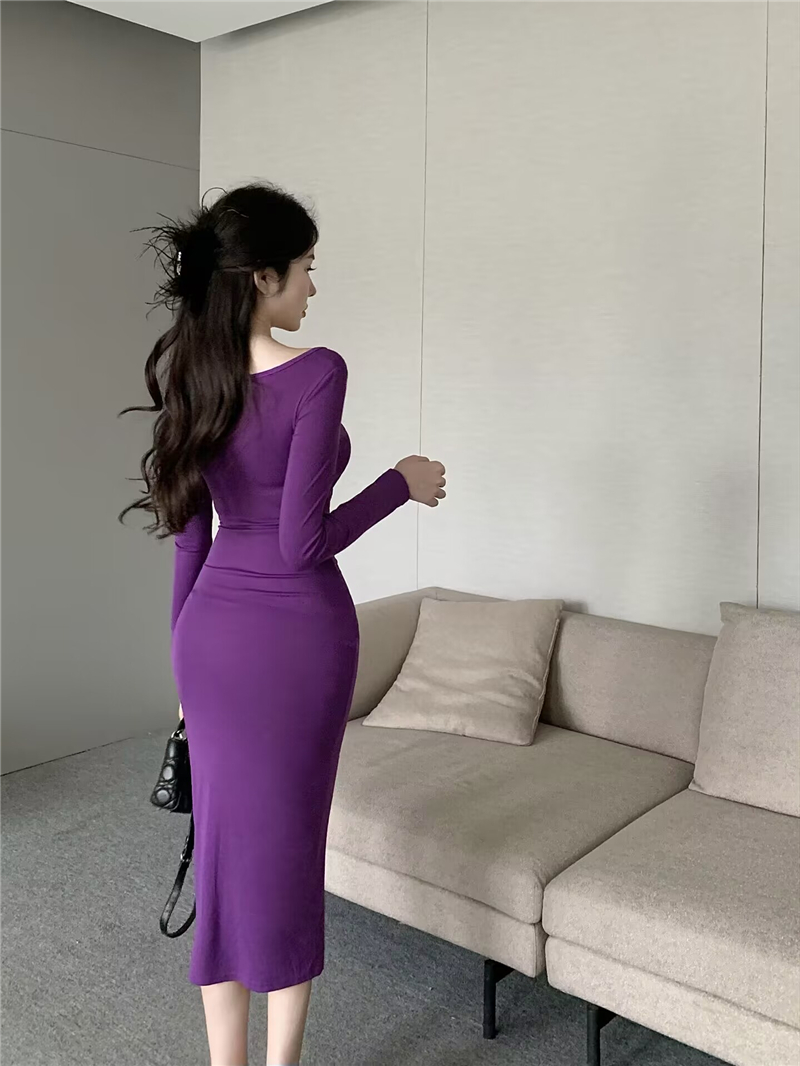 Purple temperament hollow pinched waist V-neck long dress