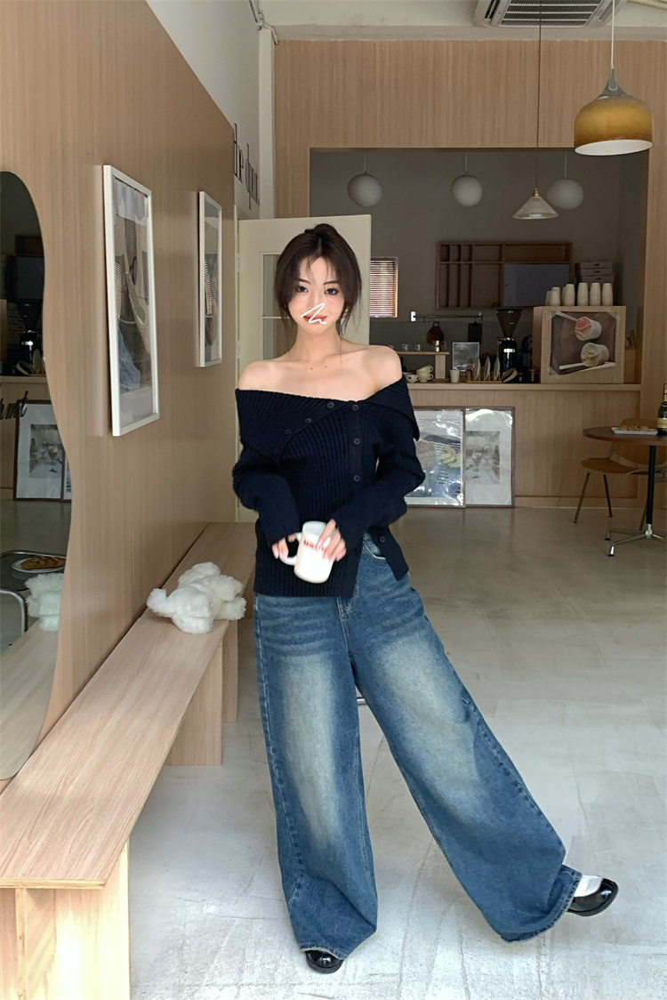 Long sleeve horizontal collar sweater slim tops