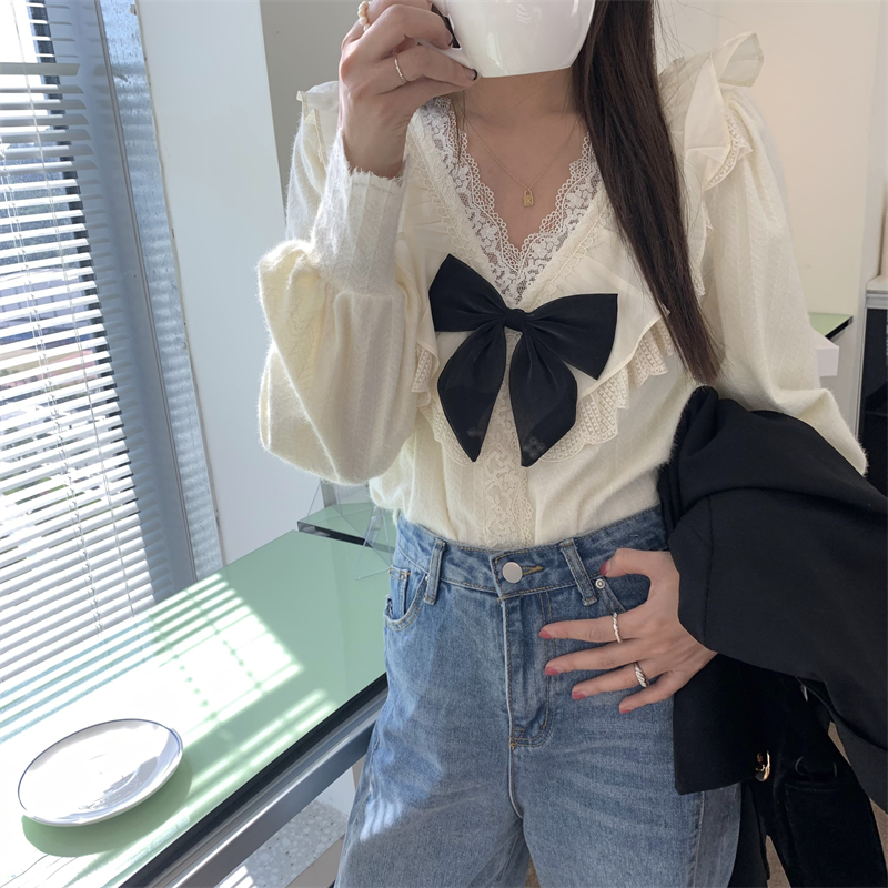 Bow lace tops doll collar shirt