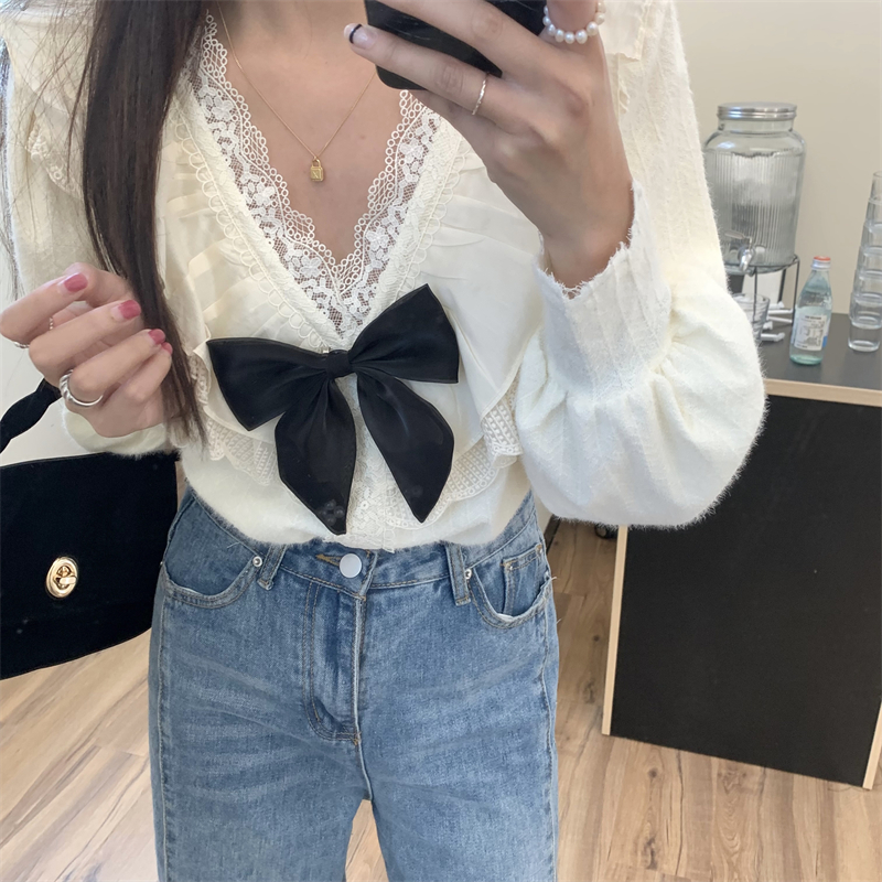 Bow lace tops doll collar shirt