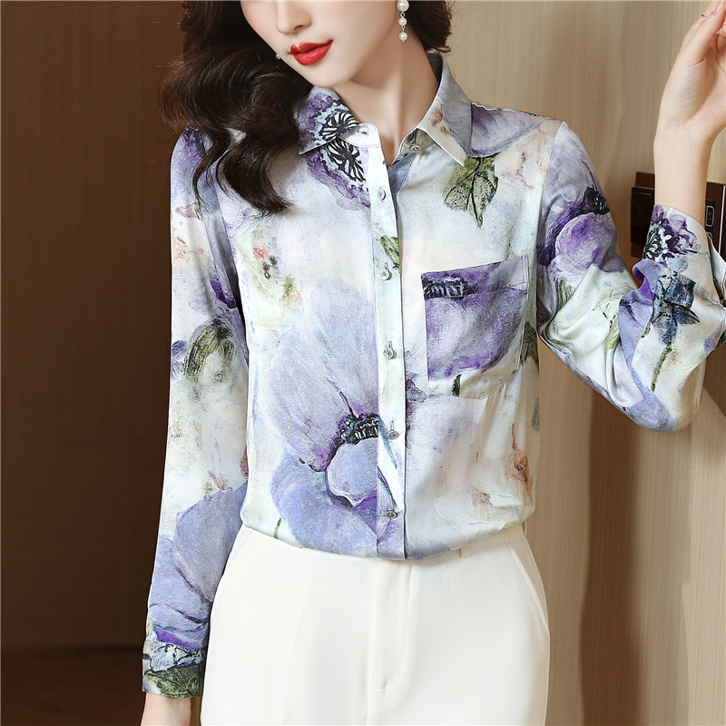 Floral real silk tops simple silk shirt for women
