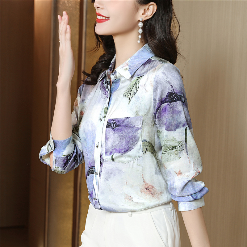 Floral real silk tops simple silk shirt for women