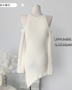 Temperament white short skirt winter knitted dress for women