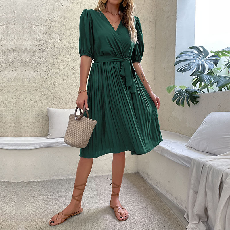 European style green frenum fold dress for women