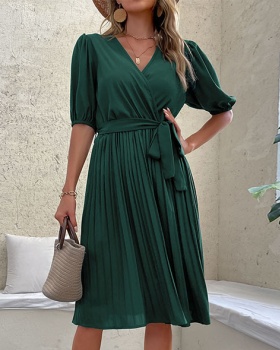 European style green frenum fold dress for women