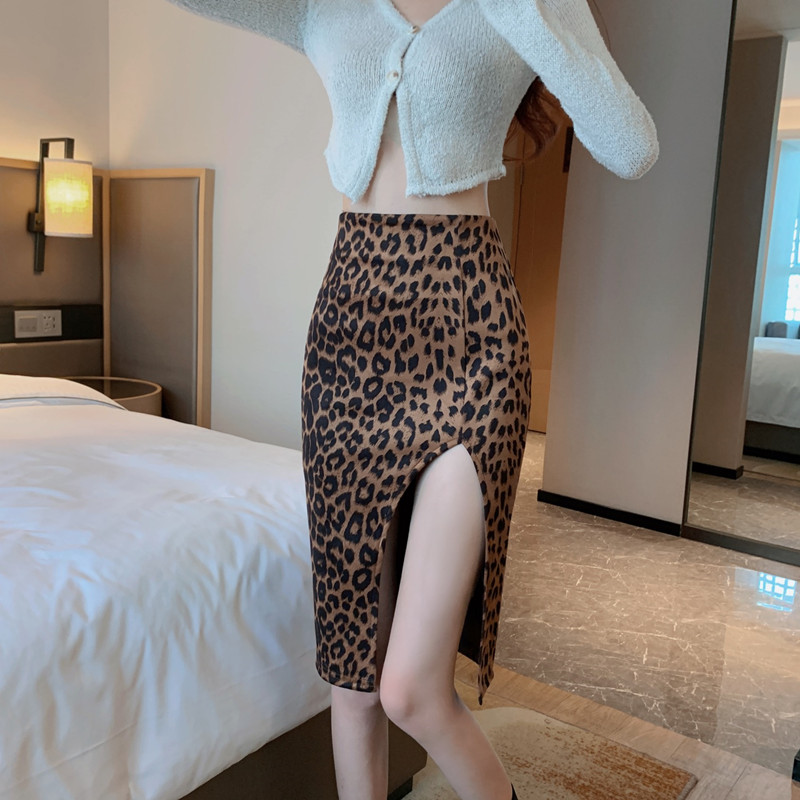 Split package hip spring leopard skirt for women