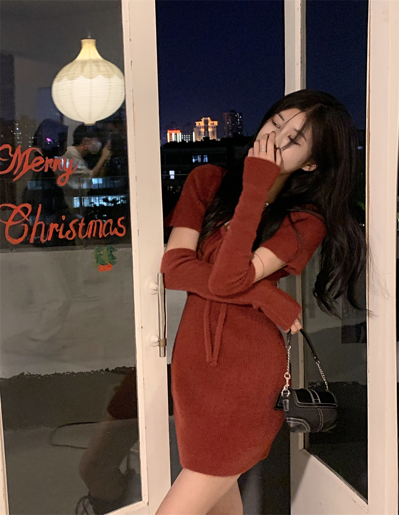 Imitation of mink velvet red christmas apron dress