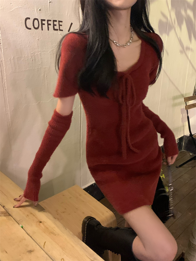 Imitation of mink velvet red christmas apron dress