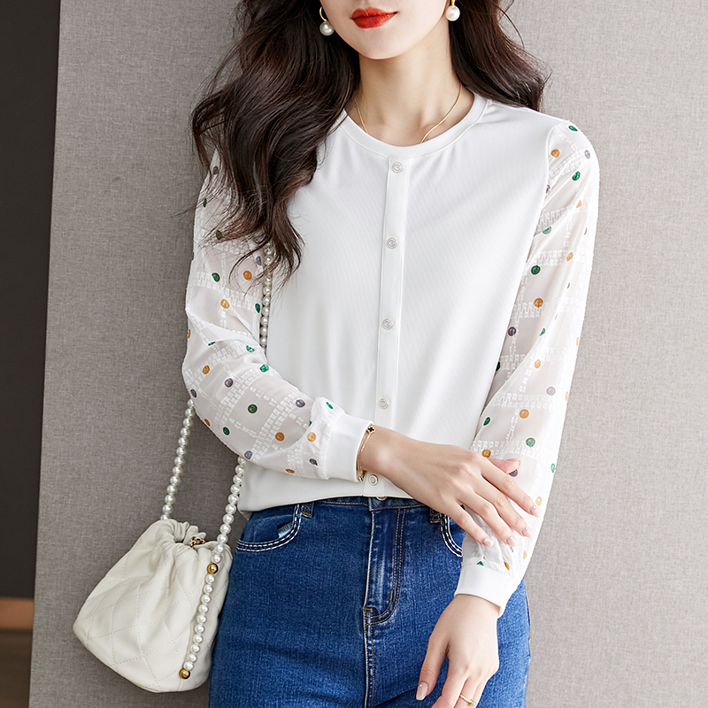 Splice round neck polka dot tops colors knitted shirt