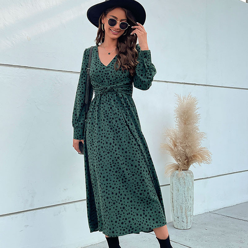 Fashion green long sleeve European style dress for women
