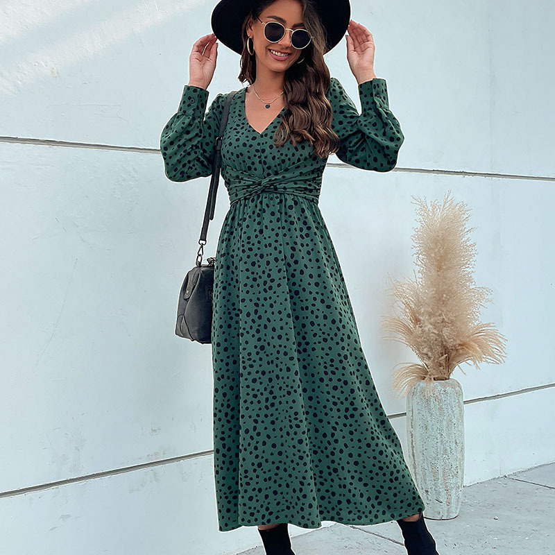 Fashion green long sleeve European style dress for women