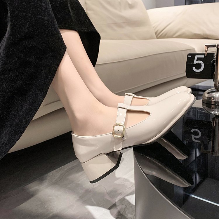 Small square head shoes middle-heel leather shoes for women