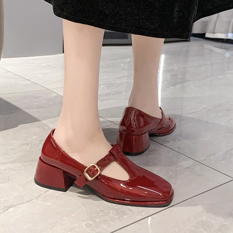 Small square head shoes middle-heel leather shoes for women