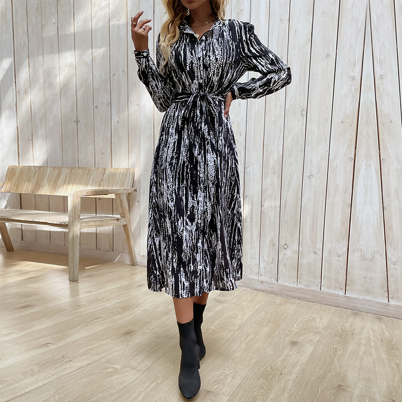 Long sleeve printing spring lapel dress for women