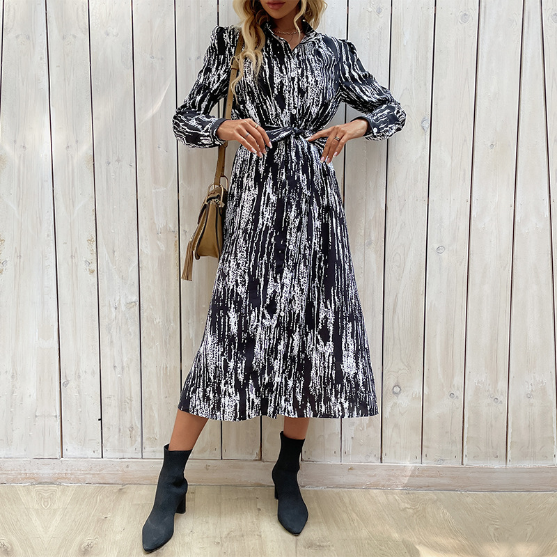 Long sleeve printing spring lapel dress for women