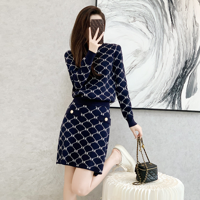 Casual jacquard sweater autumn and winter skirt 2pcs set for women