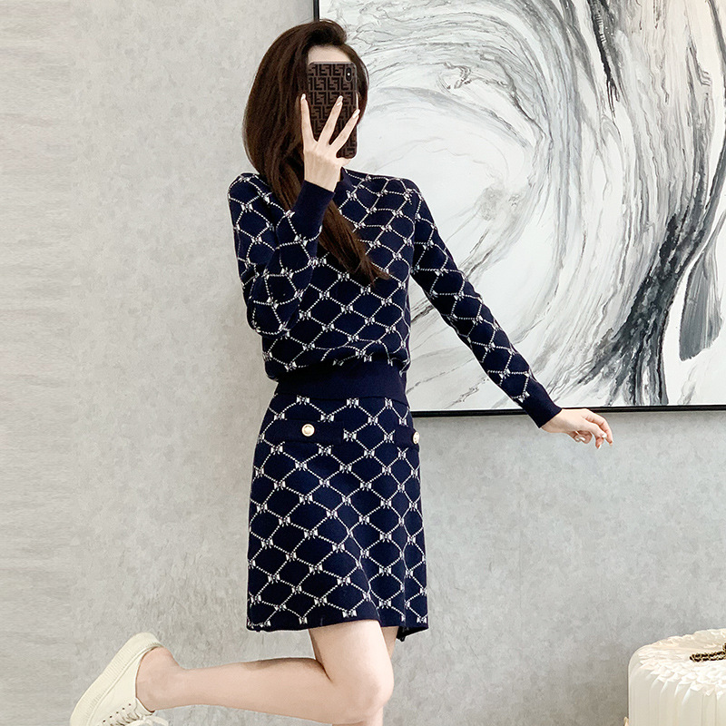 Casual jacquard sweater autumn and winter skirt 2pcs set for women