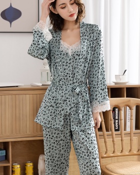Leopard long pants pajamas 3pcs set for women