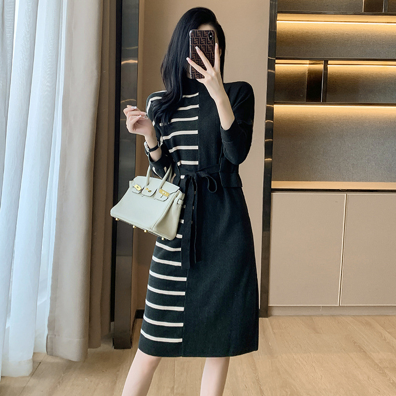Long loose sweater dress mixed colors dress for women