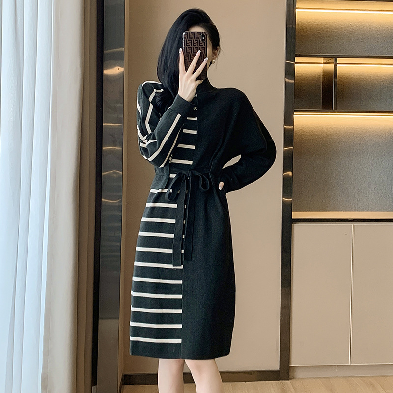 Long loose sweater dress mixed colors dress for women