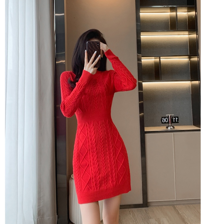 Big red pure sweater dress long sleeve knitted dress