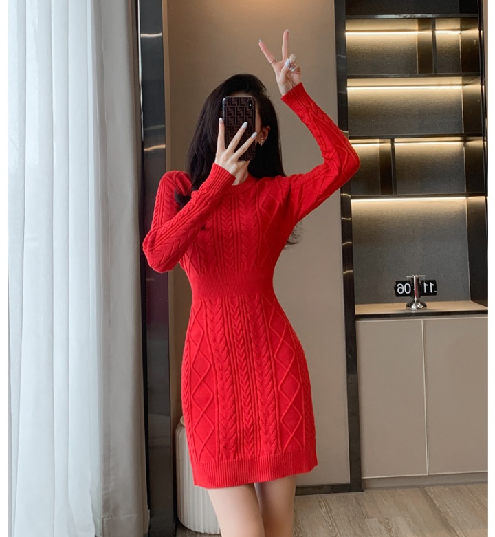 Big red pure sweater dress long sleeve knitted dress