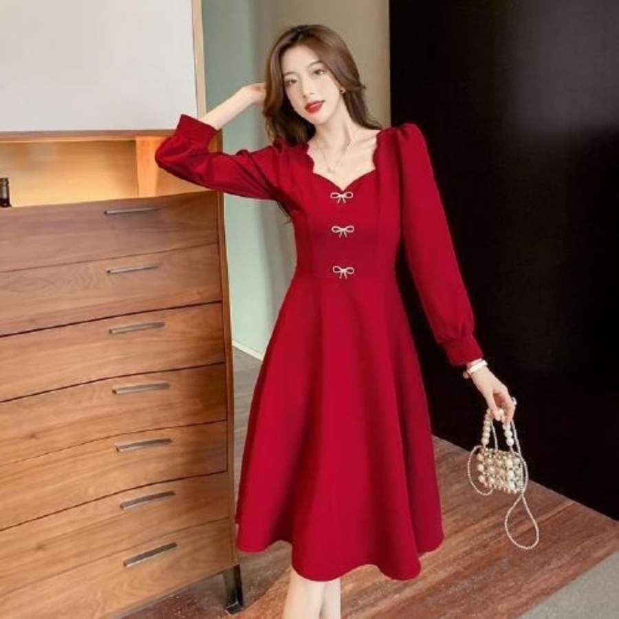 Pinched waist wine-red slim temperament retro autumn dress