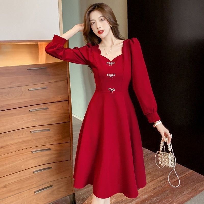 Pinched waist wine-red slim temperament retro autumn dress